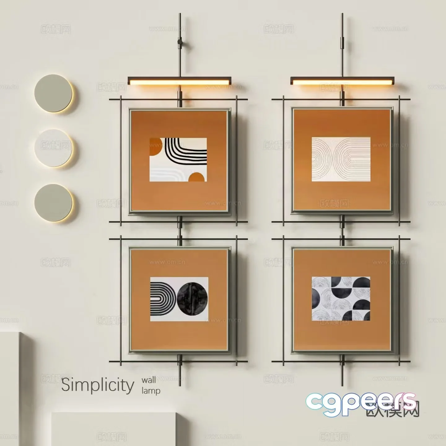 Modern art wall decoration hanging paintings cream wall lamp combination hanging paintings simple geometric pattern hanging paintings log extreme 3D model