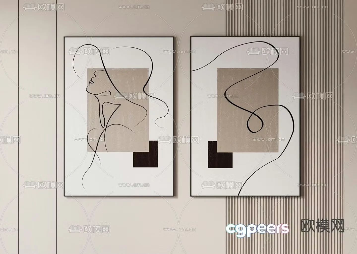 Simple hanging paintings line drawing 3d model