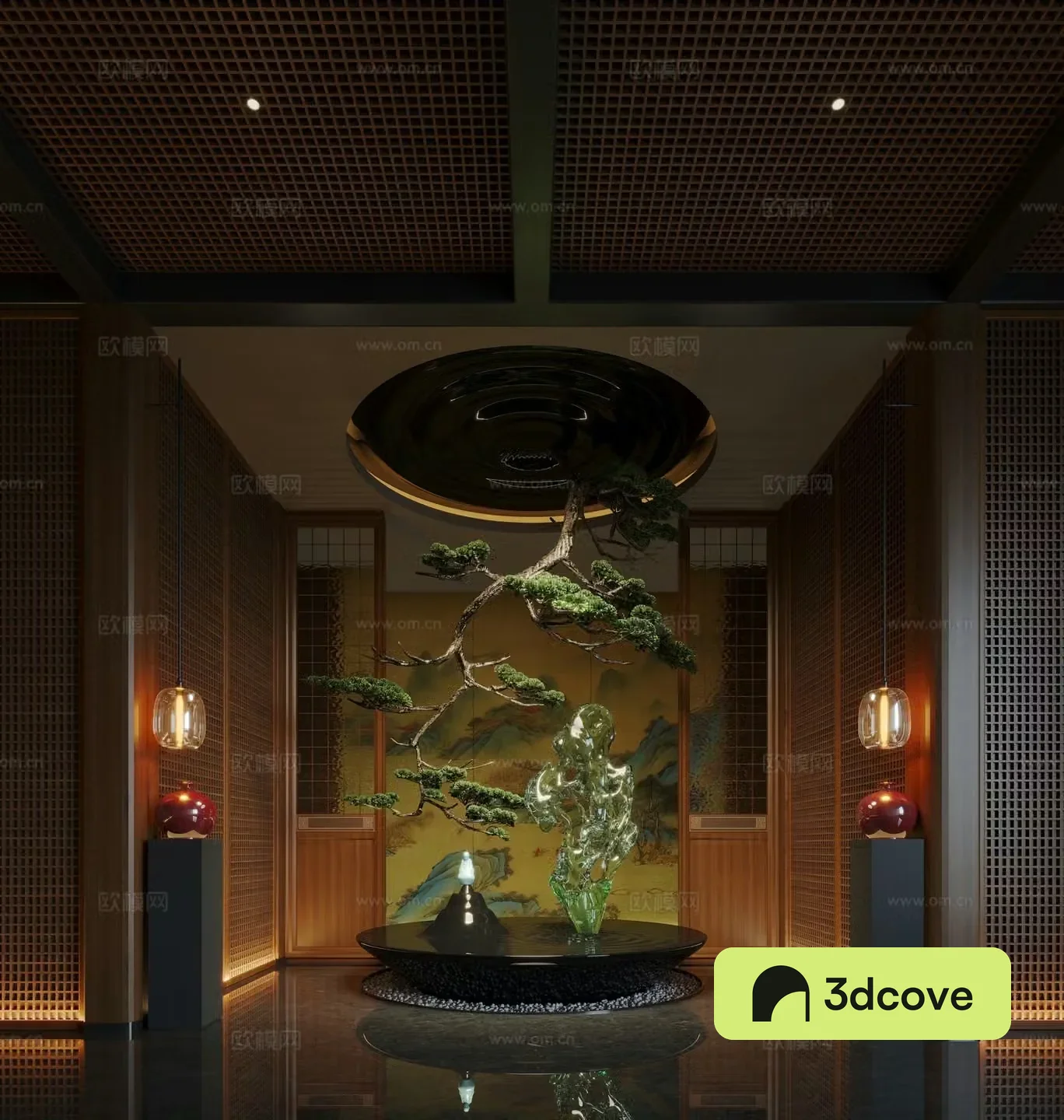 New Chinese Hotel Hall Installation Art Hanging Tree Crystal Stone