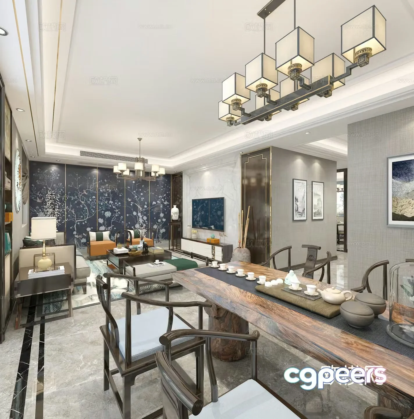 New Chinese chandeliers sofas tea tables hard packages 3D model