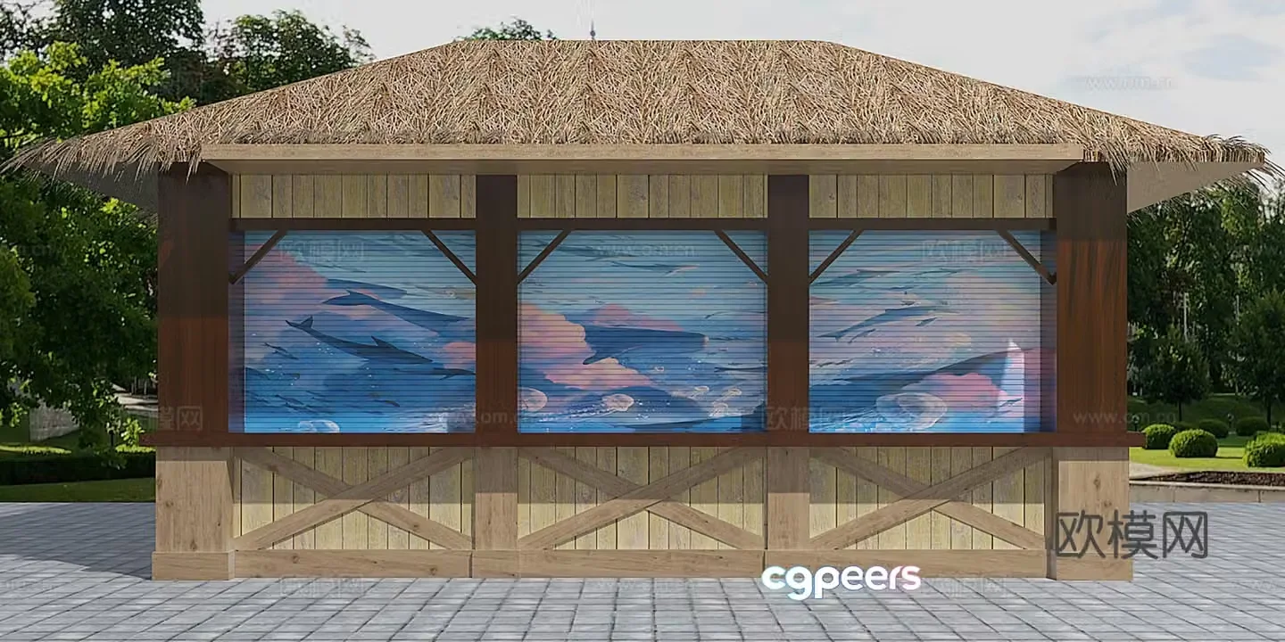 gazebo thatched house cabin 3d model
