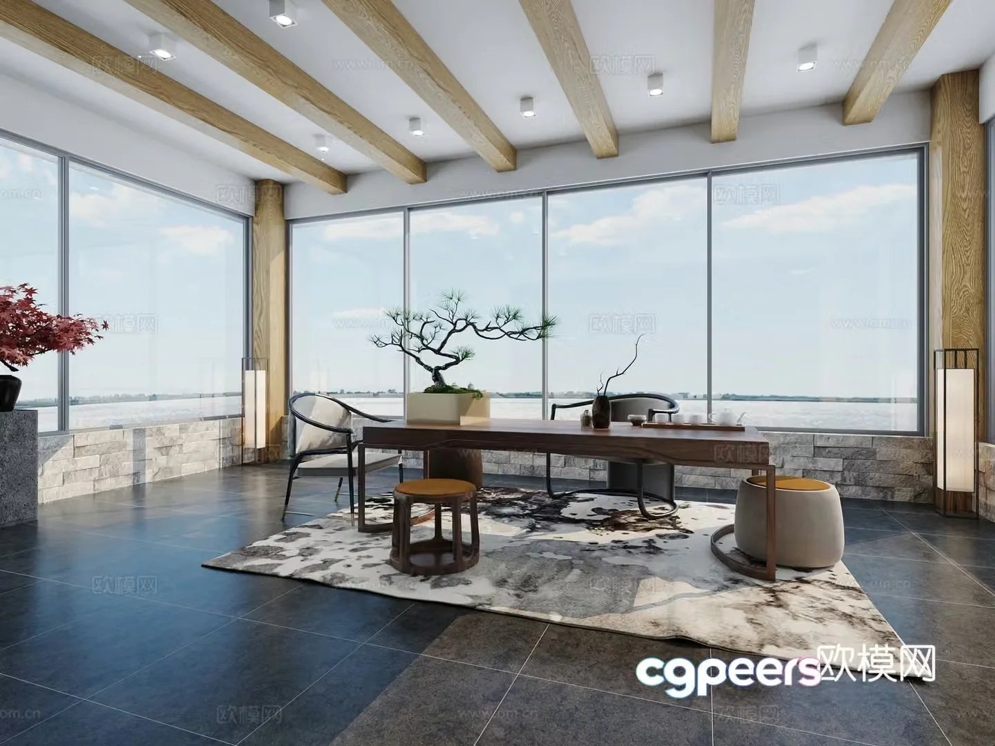 New Chinese-style tea room tea table tea chair Chinese-style potted round stool floor lamp carpet round pier 3D model