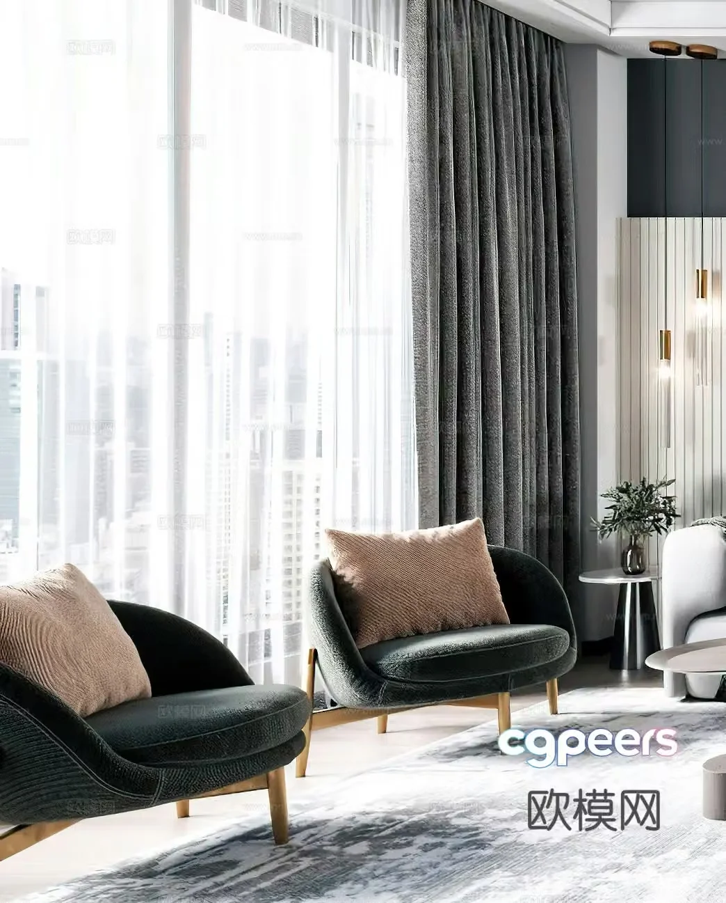 Italian casual chair modern casual chair black and white gray high-end gray casual chair side table corner table 3D model