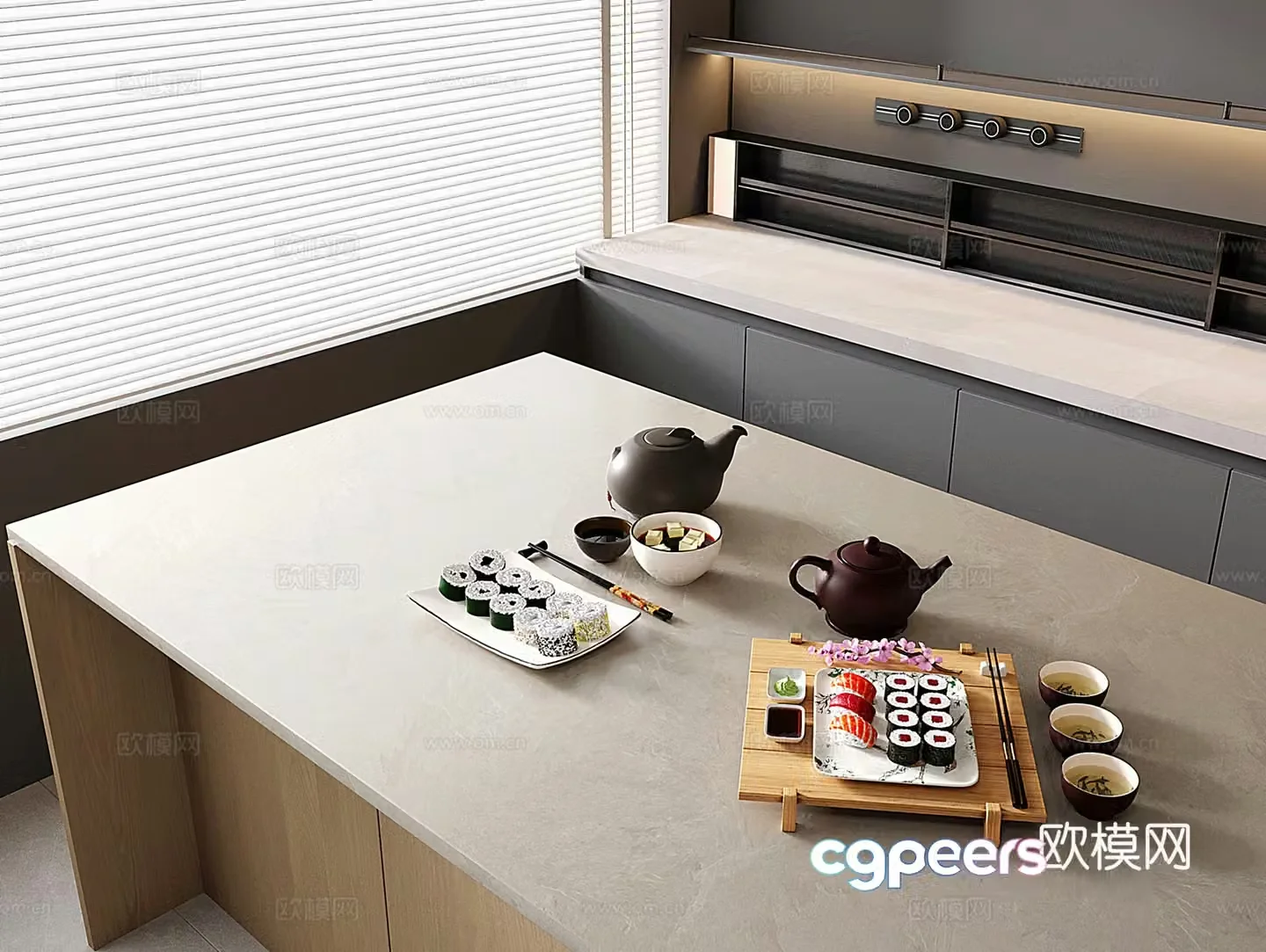 Modern food sushi tea set 3d model