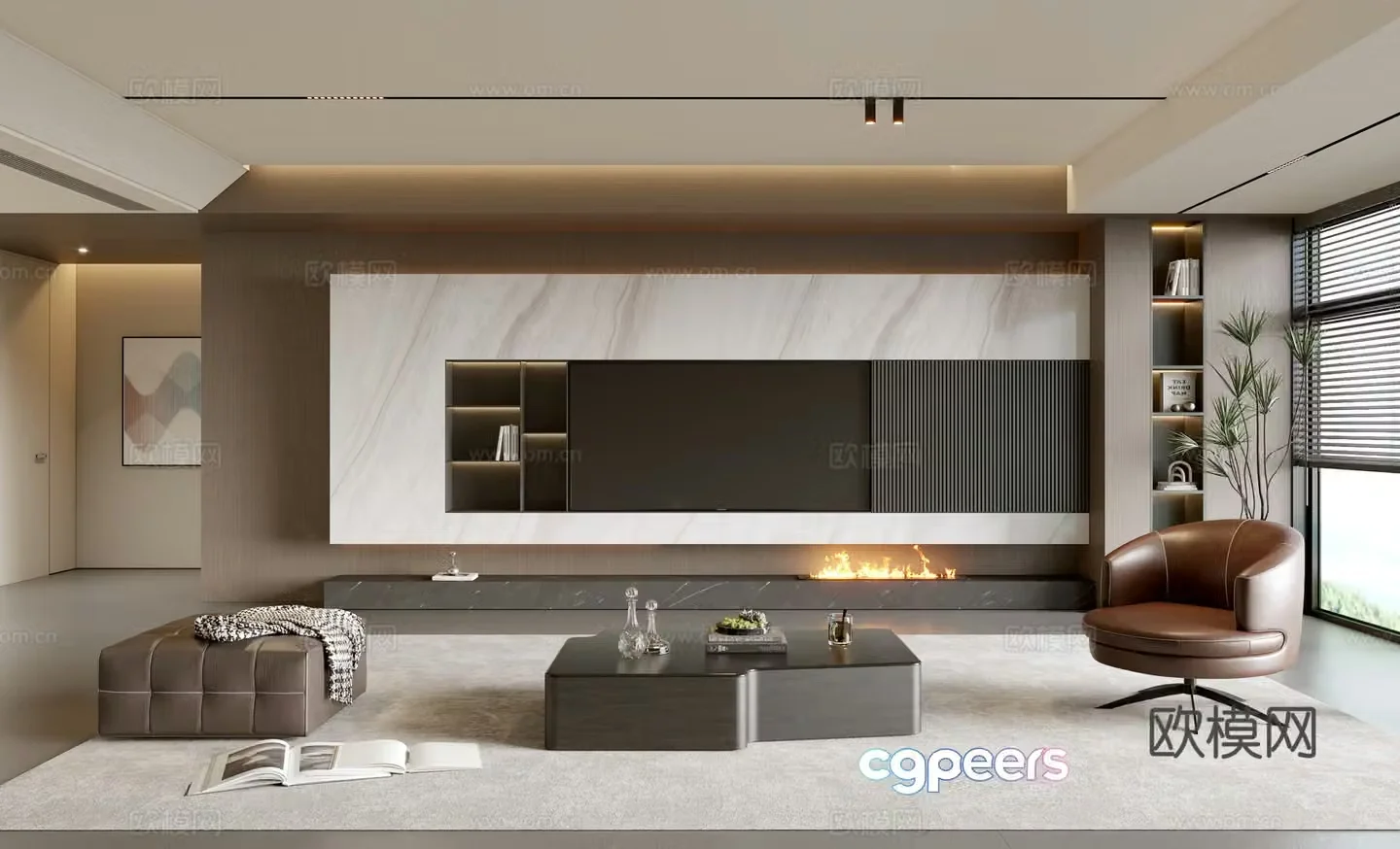 Modern simple living room light luxury sofa coffee table combination sofa background wall villa living room 3D model
