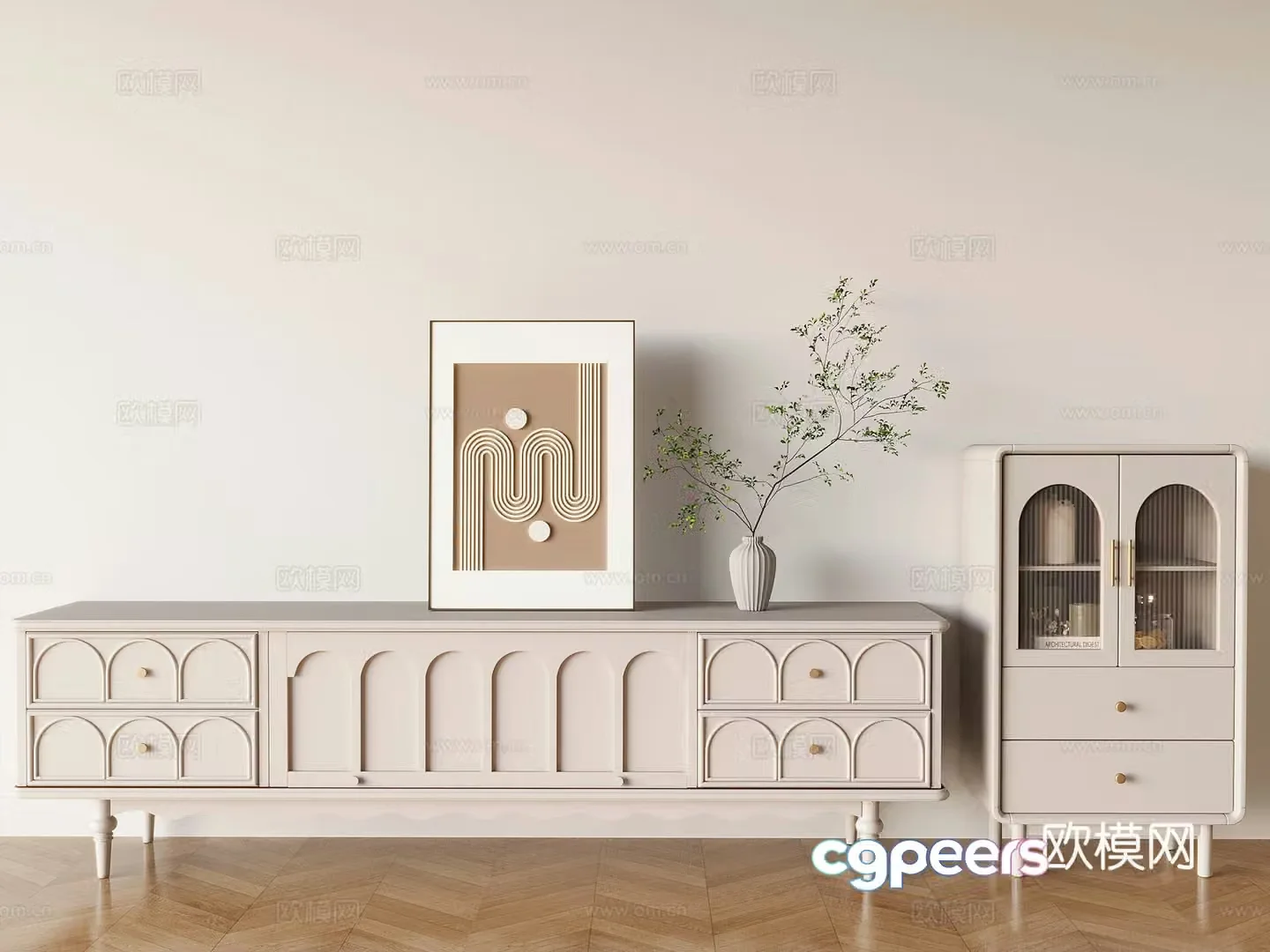 French cream-air TV cabinet solid wood storage side cabinet 3D model
