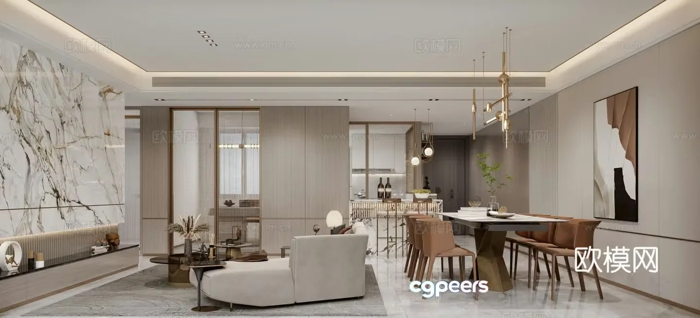 Light luxury living and restaurant 3D model