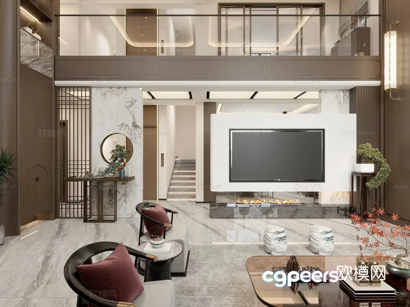 New Chinese style villa living room 3D model