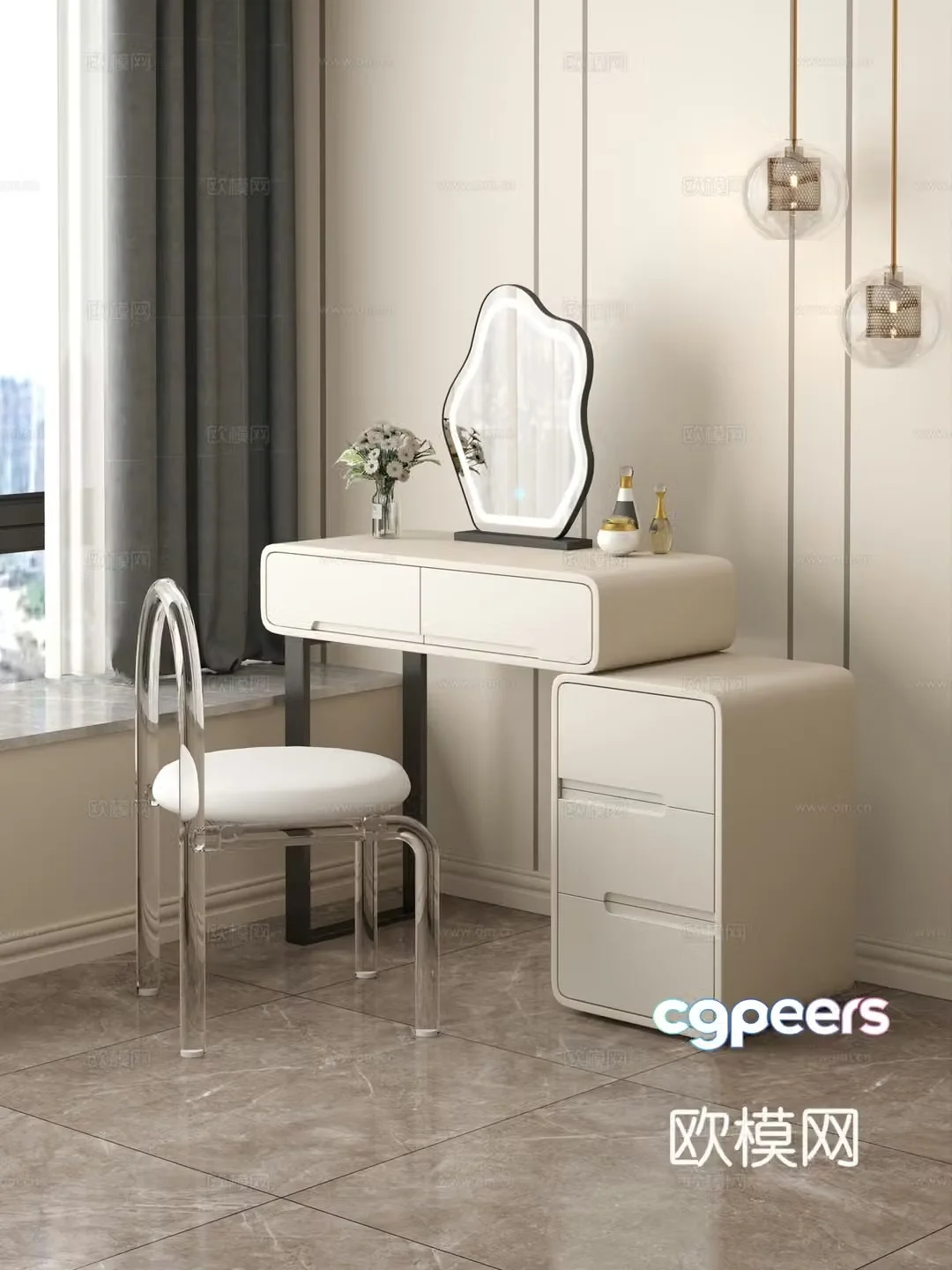 Cream style dressing table makeup stool combination dressing table makeup stool mirror decoration hanging painting 3D model