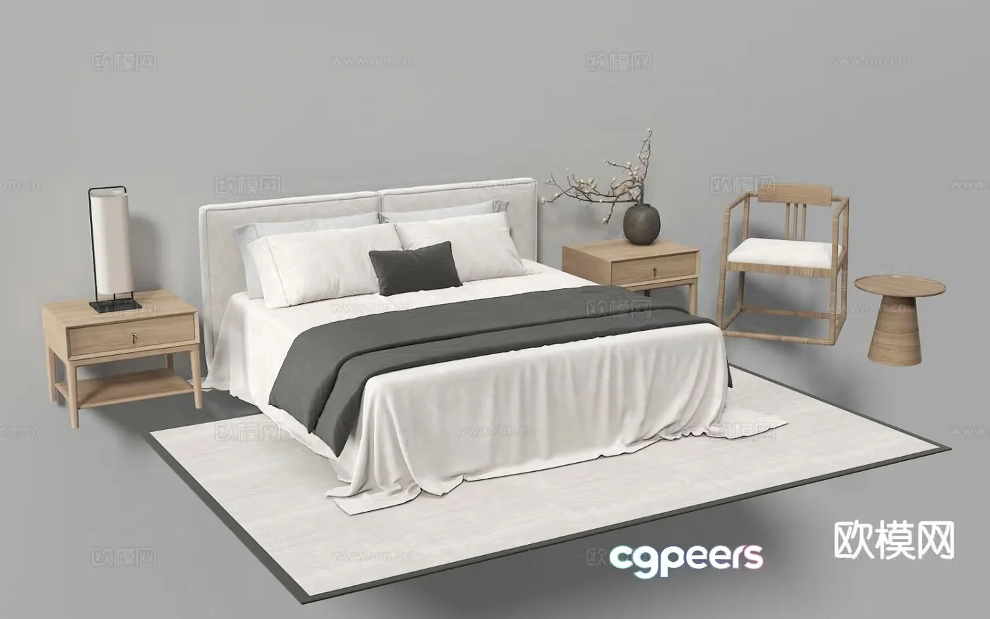 New Chinese style double bed fabric bed 3d model