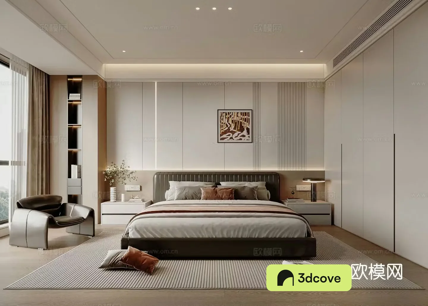 Modern bedroom Double bed nightstand carpet curtain