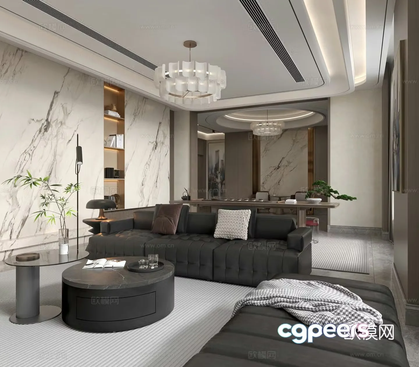 Modern living room Villa living room Black leather sofa Chandelier 3d model
