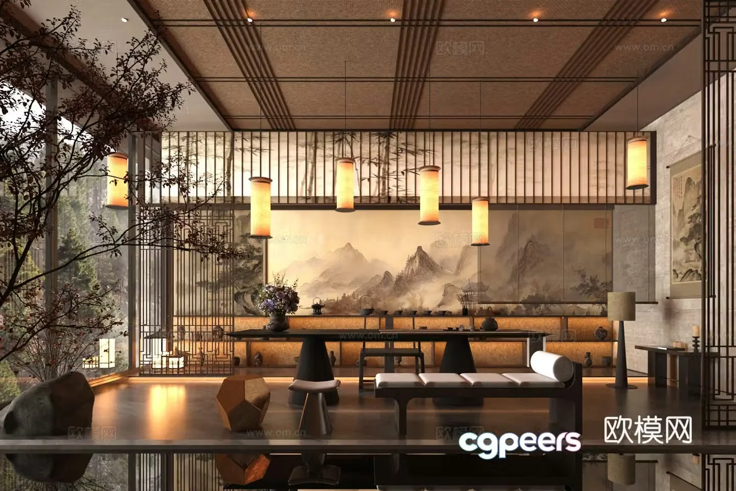 New Chinese-style teahouse tea restaurant villa tea room tea house bed and breakfast tea table chair tea room cabinet 3d model