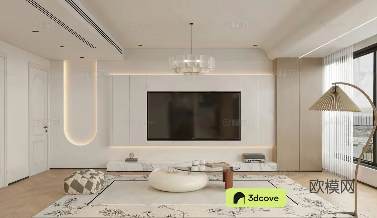 Creamy living room TV background wall TV cabinet modern living room simple chandelier modern guest