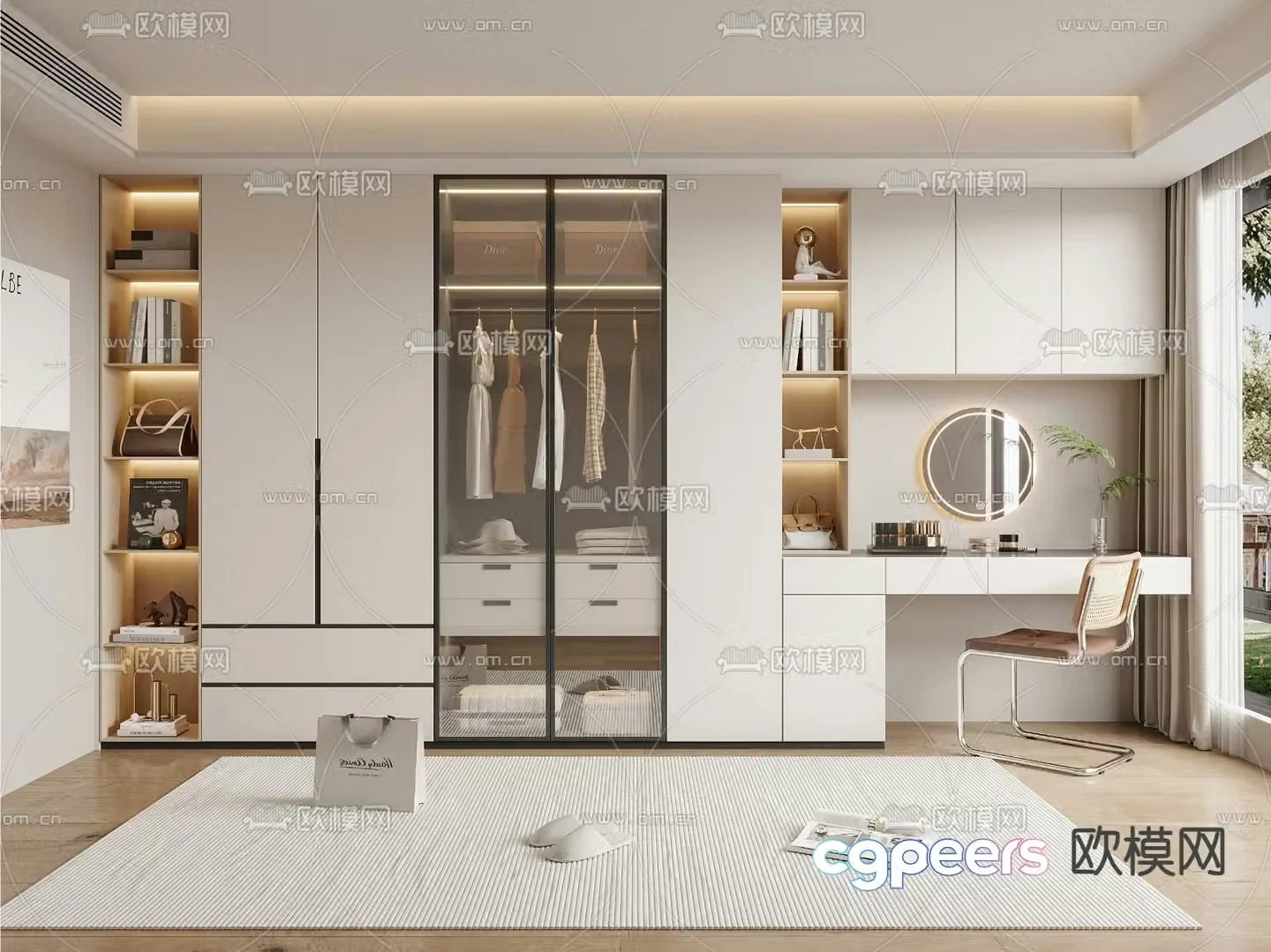 Cream style wardrobe dresser integrated cabinet 3d model