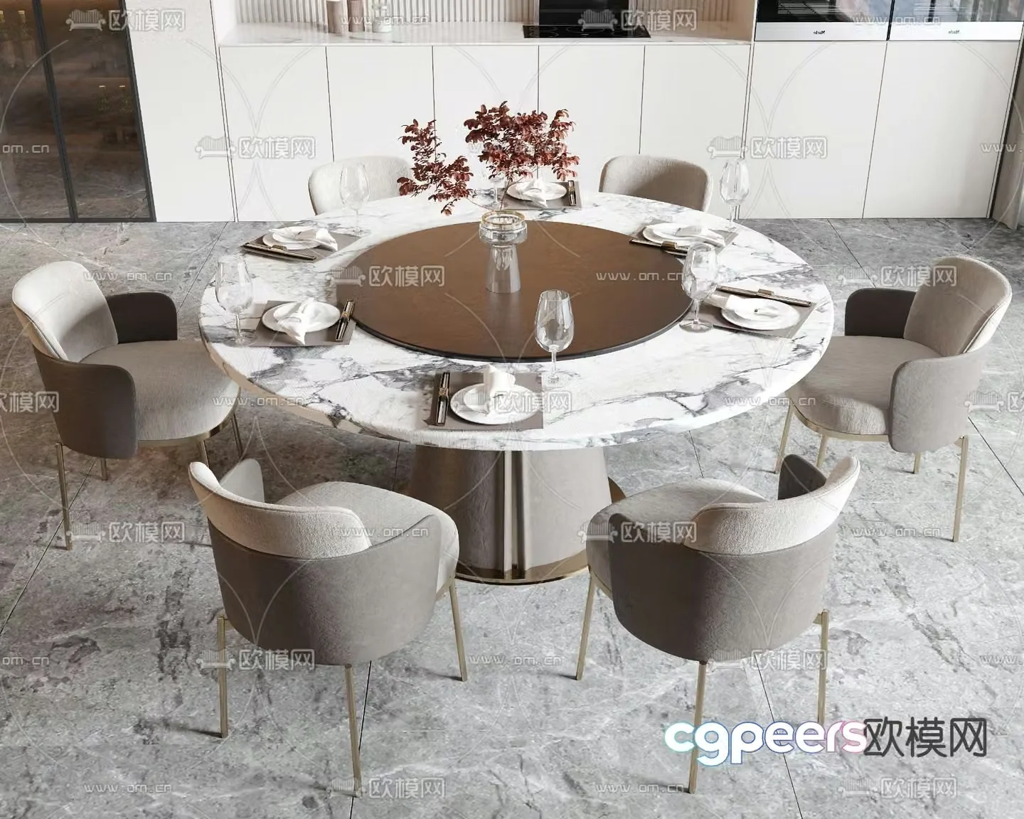 Light luxury dining table and chairs round dining table 3D model