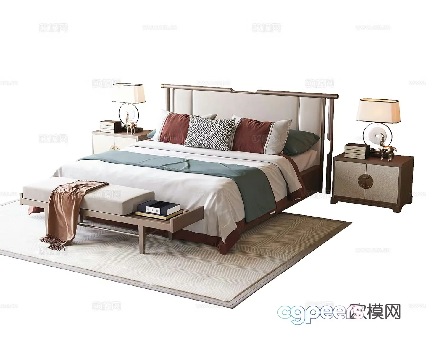 New Chinese style double bed bed tail stool bedside table 3D model