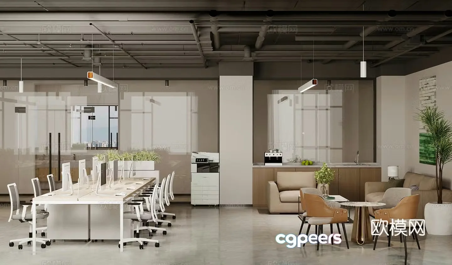 Industrial style office public office area 3d model