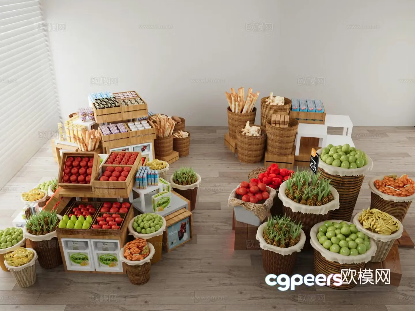 Wine and food Supermarket shelves Fruit stall Fruit snack shelves 3d model