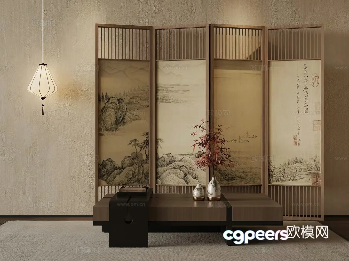 06 New Chinese-style screen coffee table chandelier 3d model