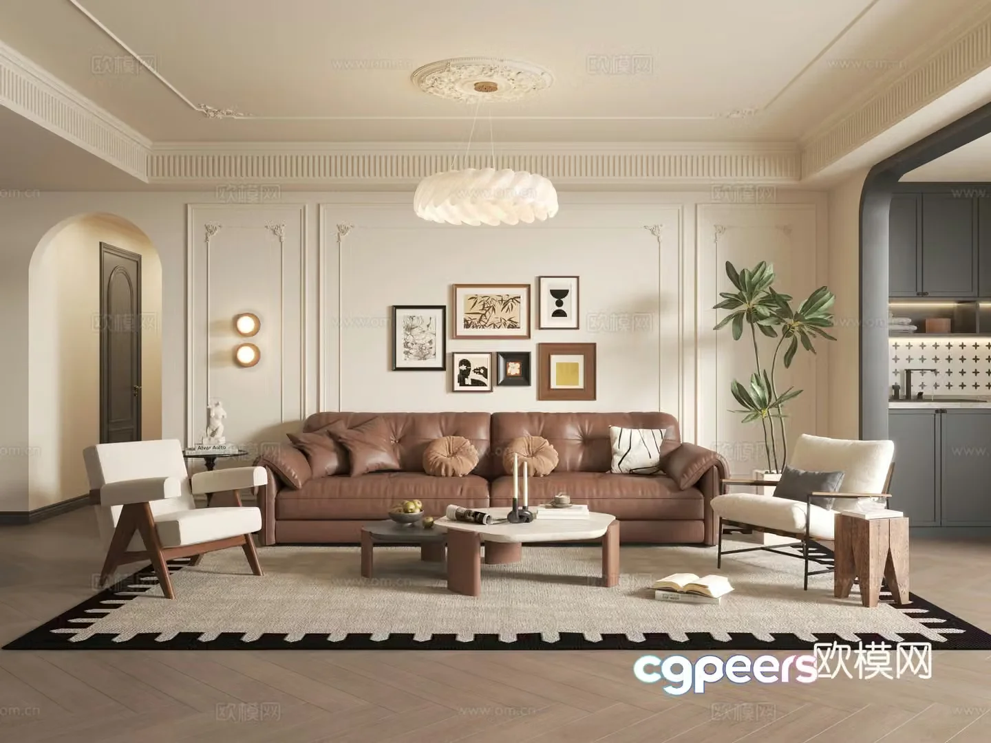 French medieval home living room_sofa coffee table combination_leather sofa_French hanging painting_French chandelier 3D model