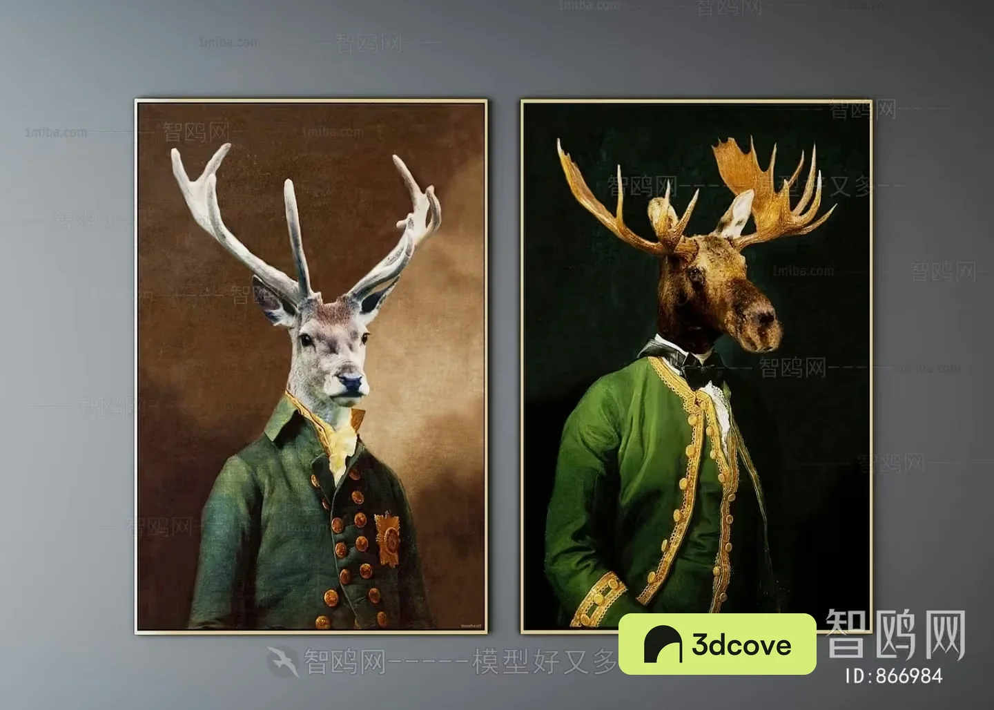 A Pair Of Portraits Of A Deer And A Moose In Green Coats