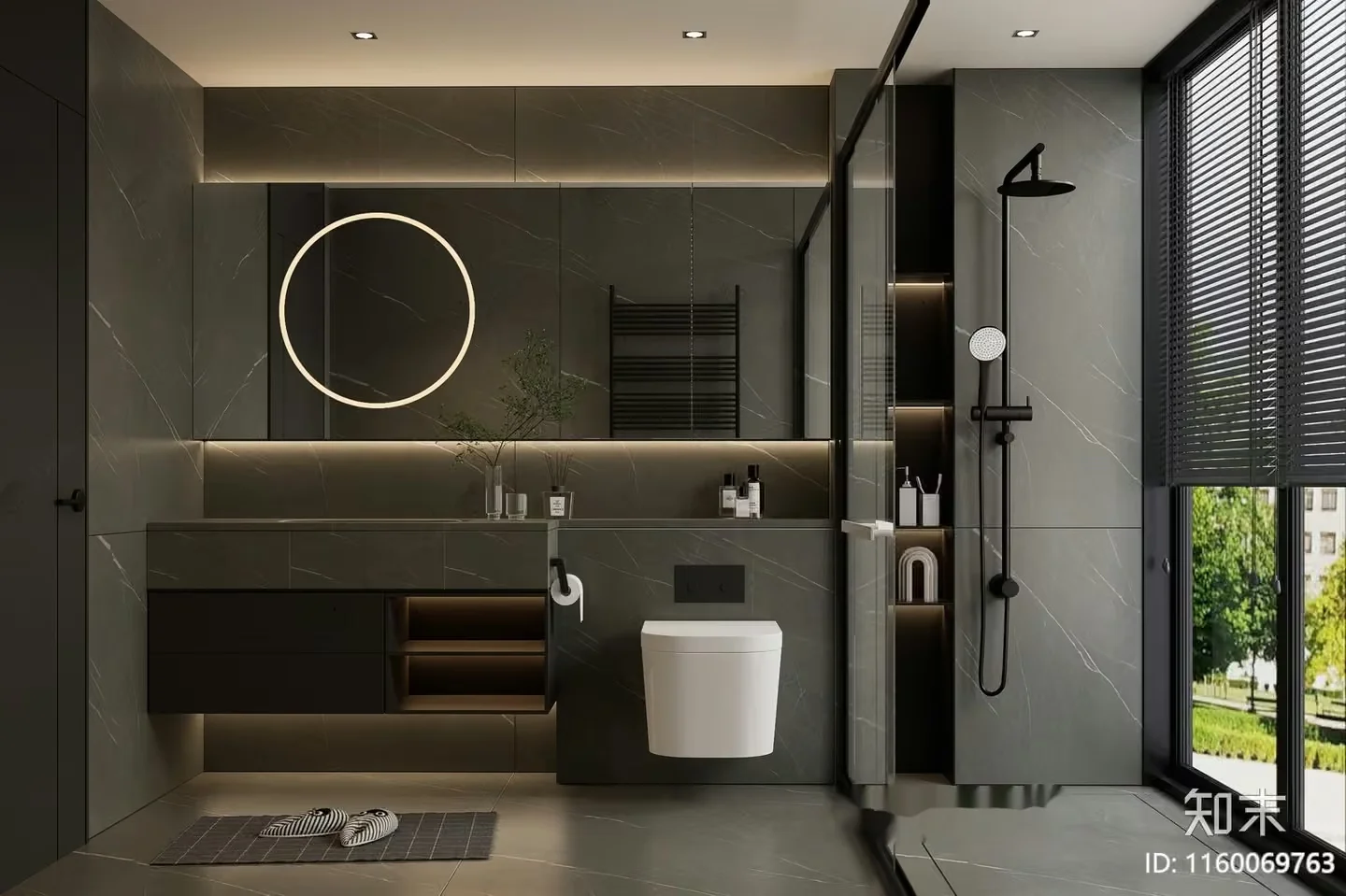 Modern Bathroom With Dark Grey Tiles And A White Toilet 3D Model – 7024 – VRAY Render