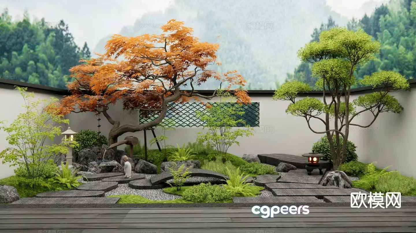 Courtyard landscape garden road paving flowing water bowl 3D model