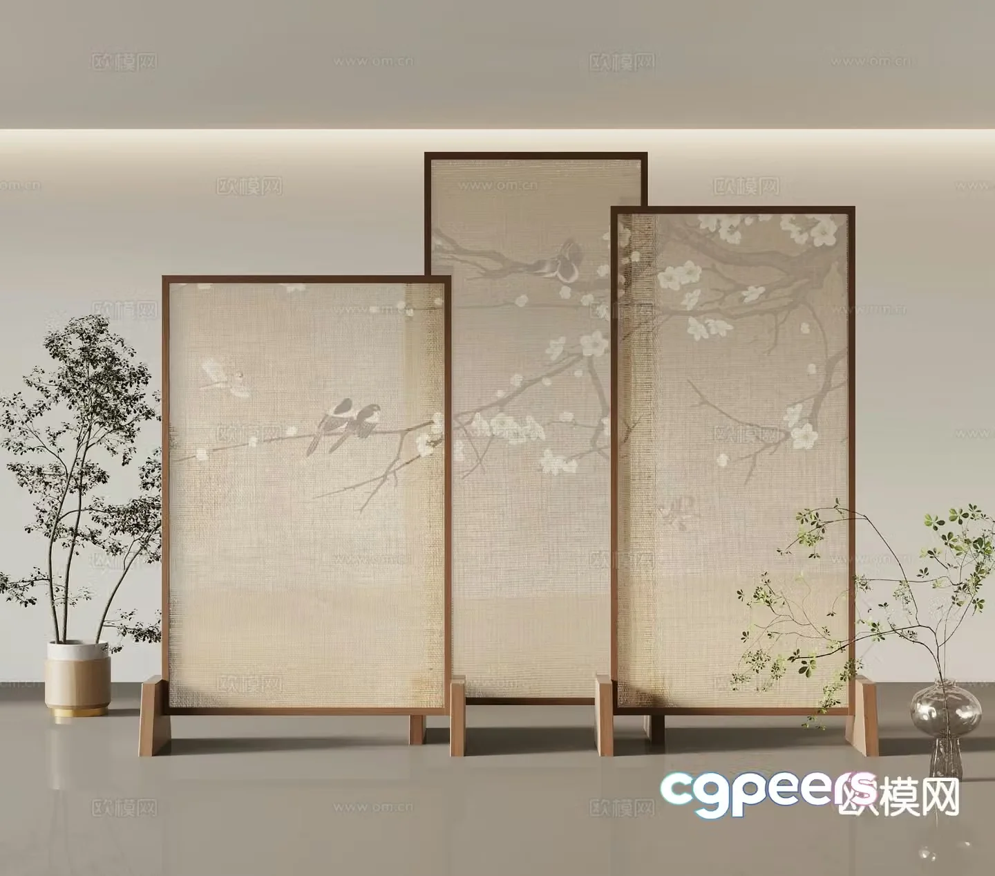 New Chinese-style screen silk cloth screen interpolated screen 3D model