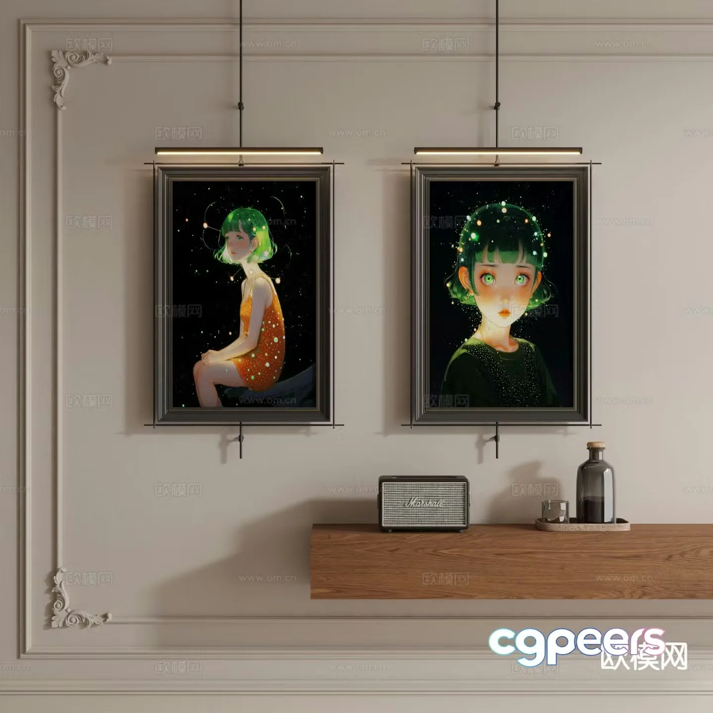 Medieval style hanging painting cartoon painting metal pole hanging painting 3d model
