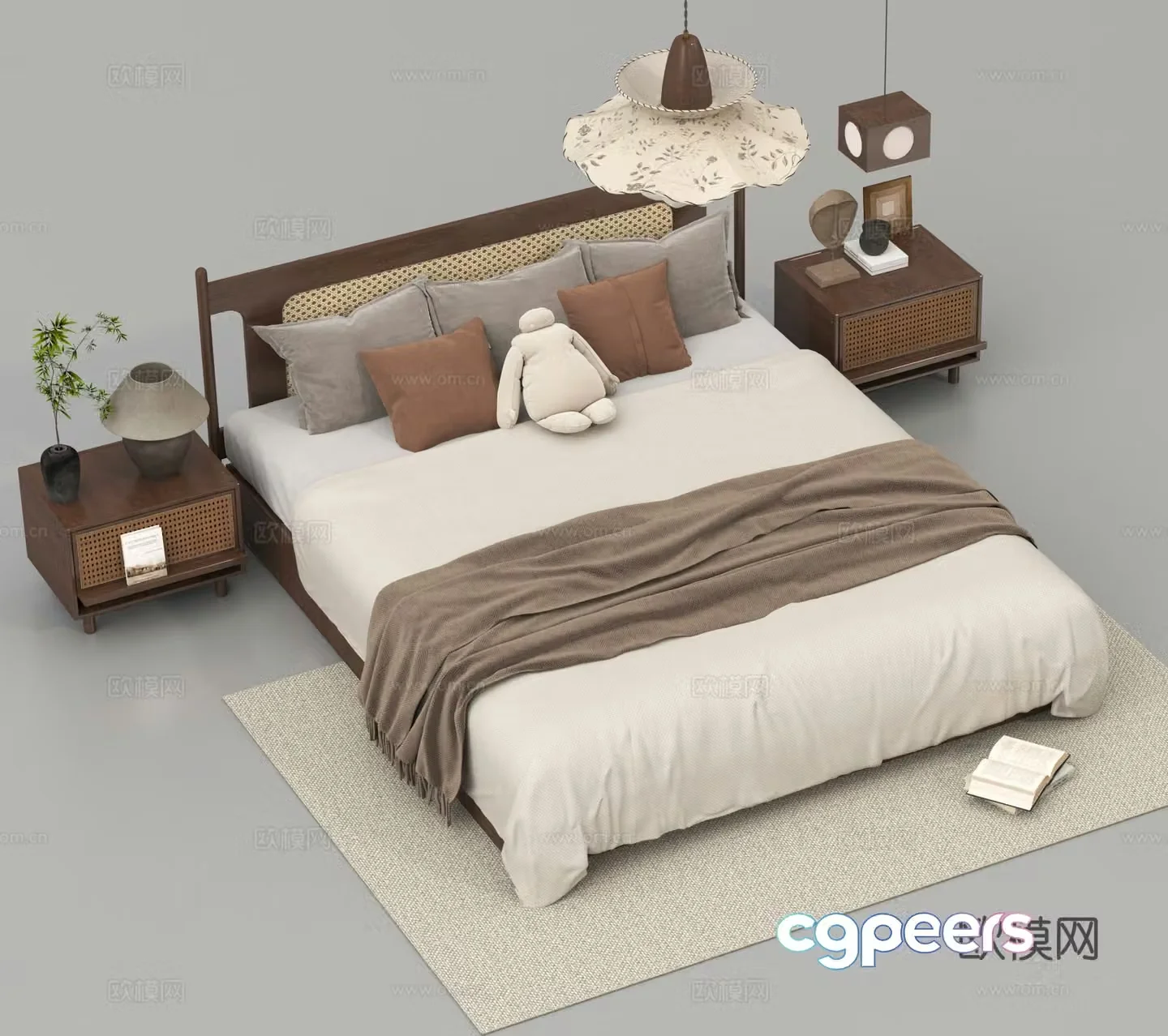 Double bed bedding bedside table lamp 3d model