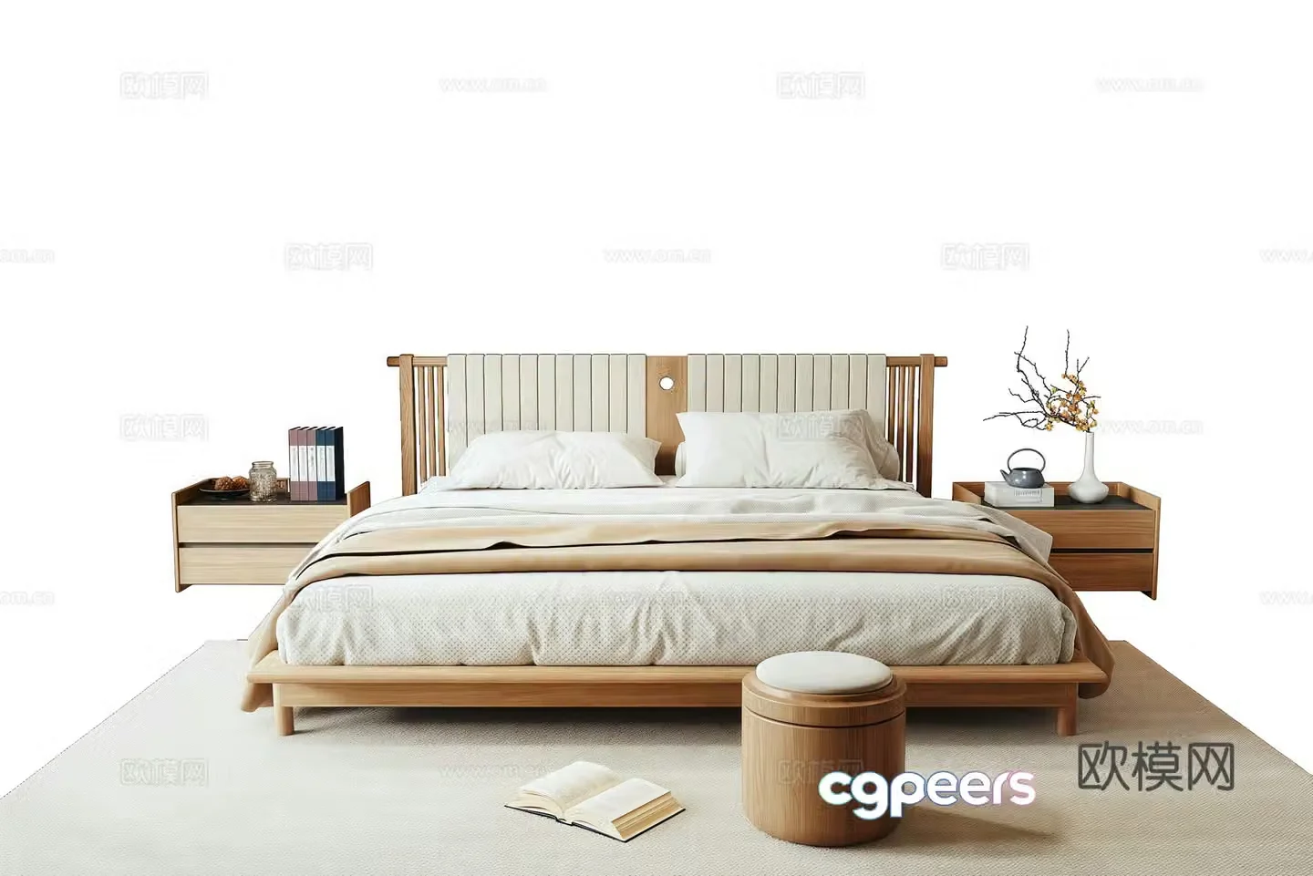 New Chinese Song style double bed bed nightstand 3D model