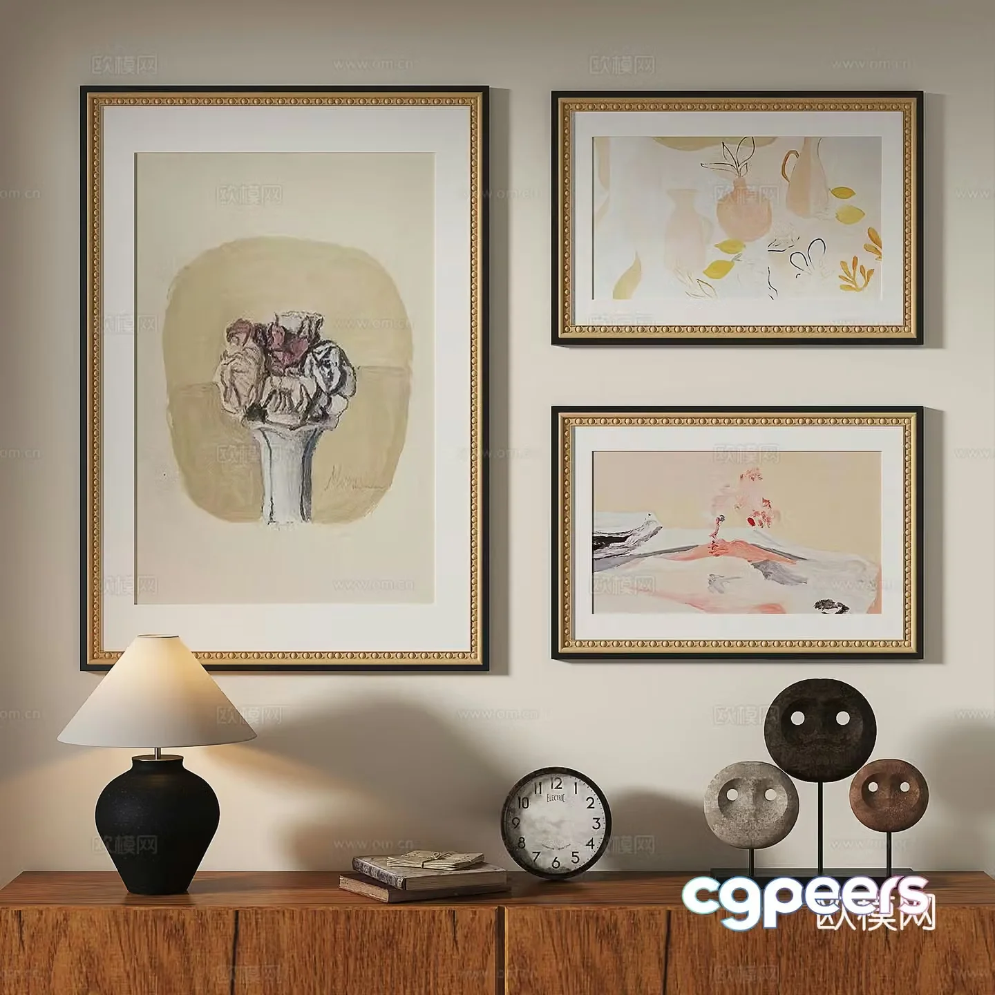 French retro light luxury simple medieval abstract nordic decorative painting 3d model