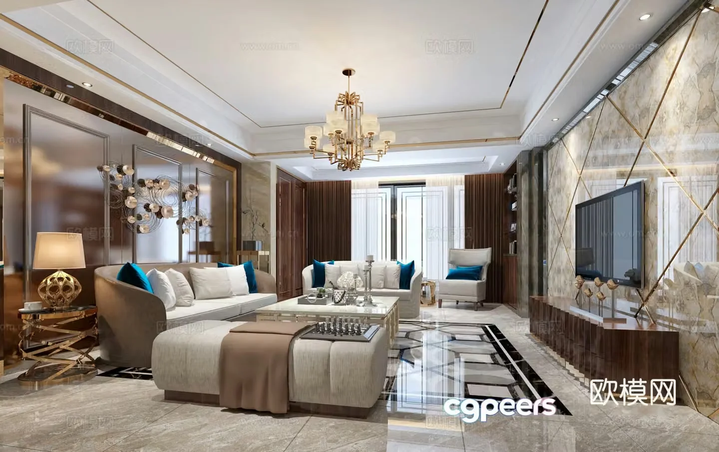 Postmodern living and dining room sofa coffee table chandelier 3d model