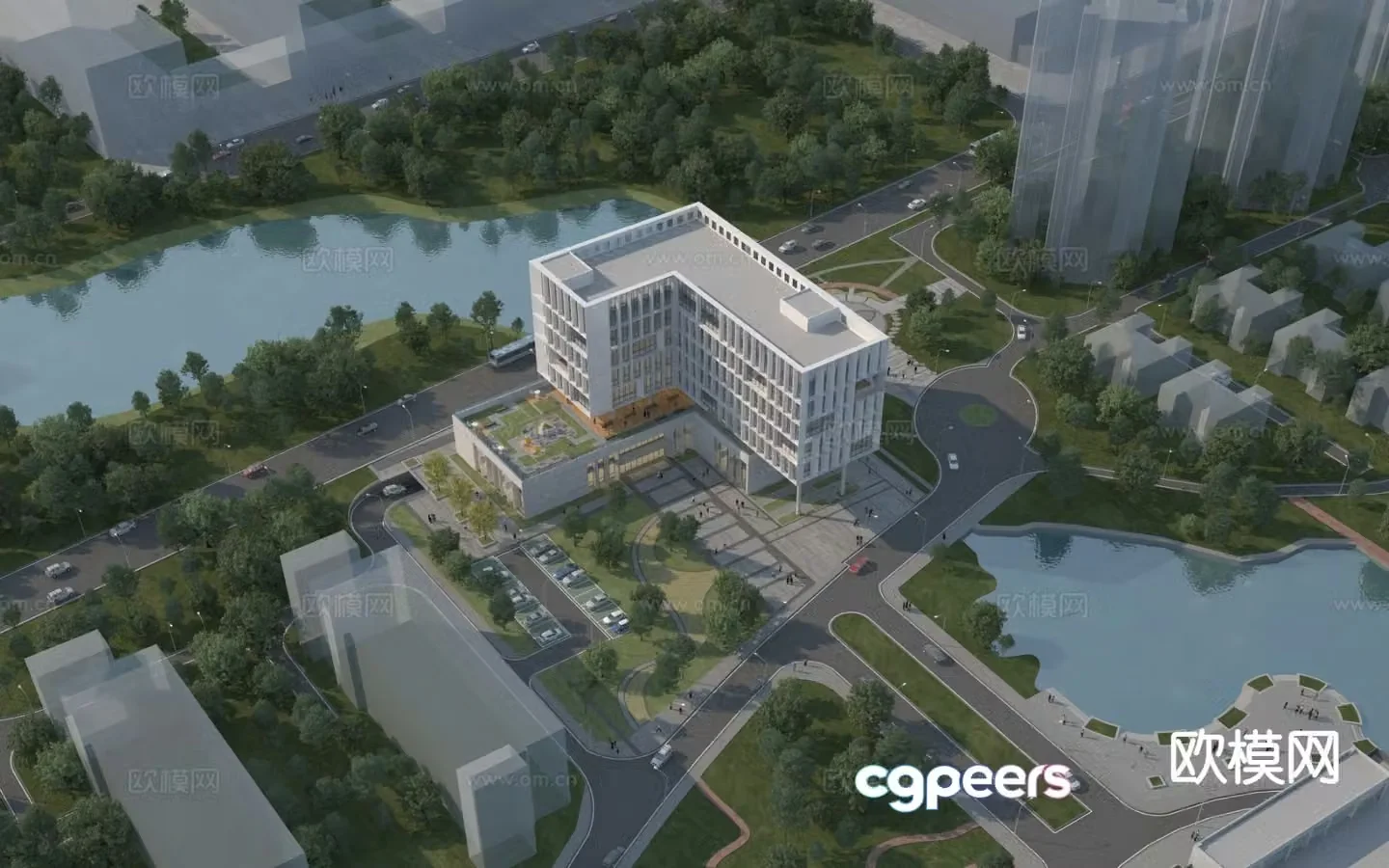 Aerial view 3d model of modern office building