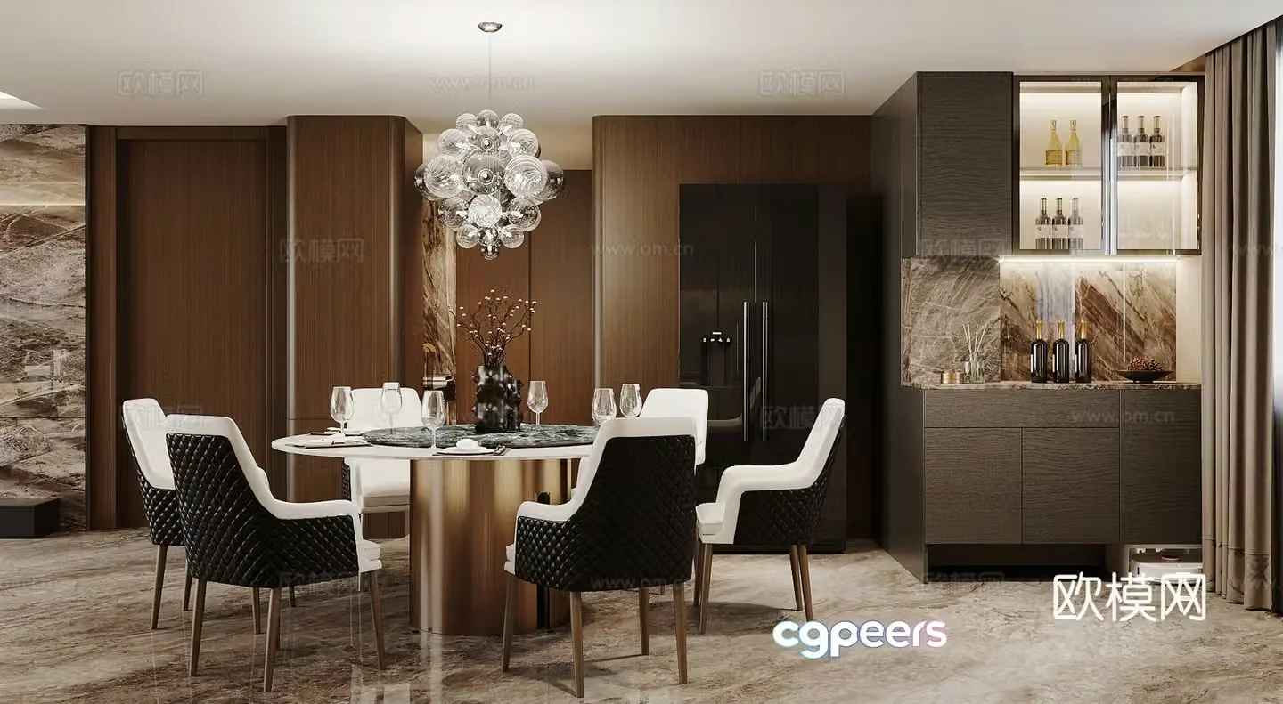 Light luxury Italian round table restaurant Marble dining table Open restaurant Premium gray restaurant Dining chair 3D model