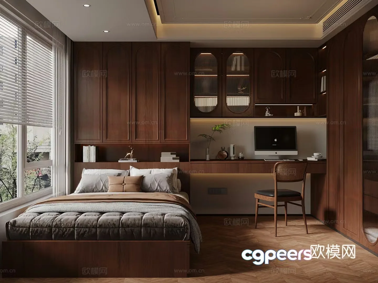 Middle style bedroom single bed wardrobe 3d model