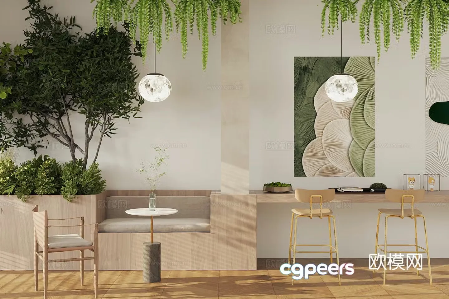 Creamy style milk tea shop rest area Milk tea shop card holder table and chair Natural camping style milk tea shop Green plant pile 3D model