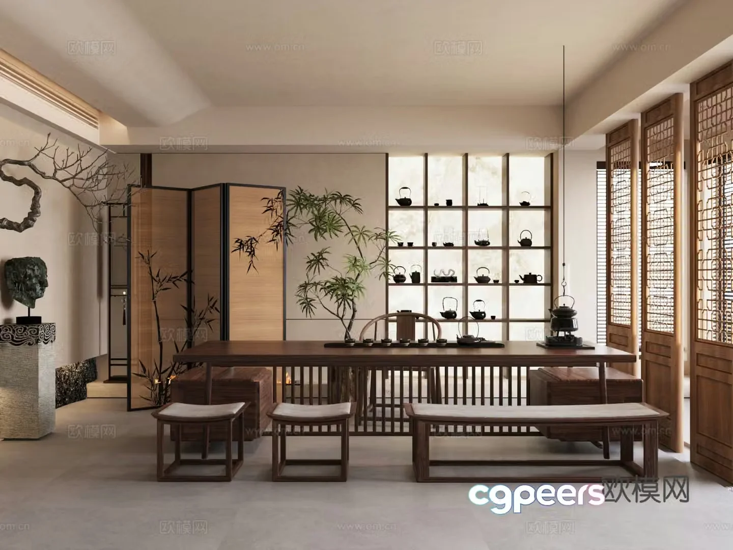 New Chinese-style tea room Tea room Tea table and chair combination Bo Gu shelf Screen Green plant 3D model