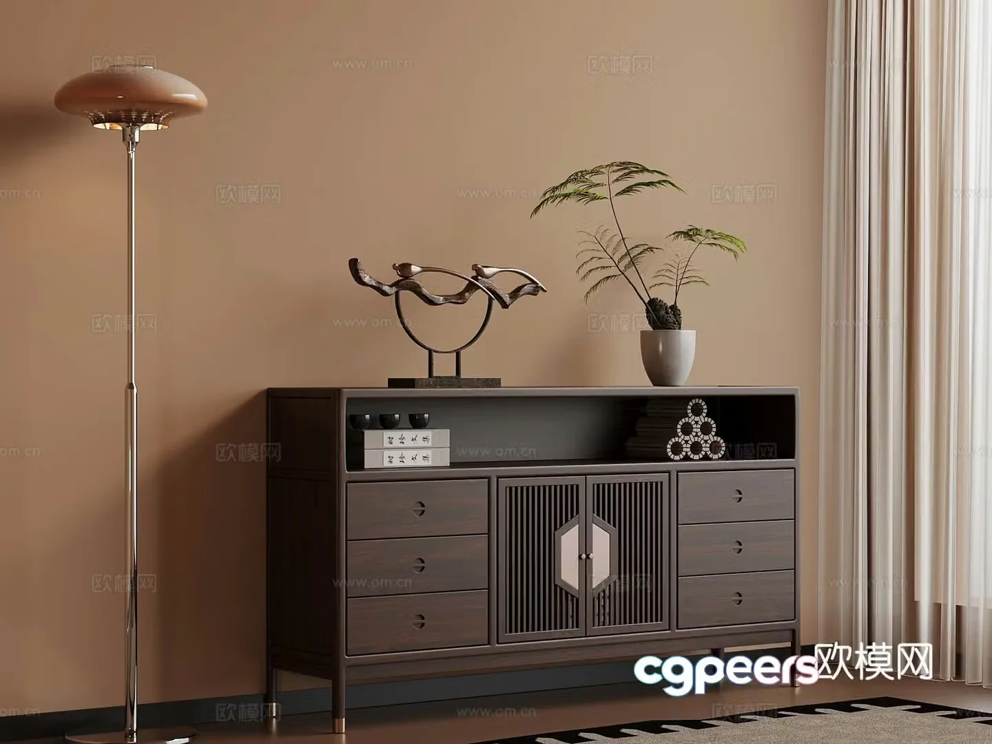 New Chinese style entrance cabinet side cabinet floor lamp 3D model