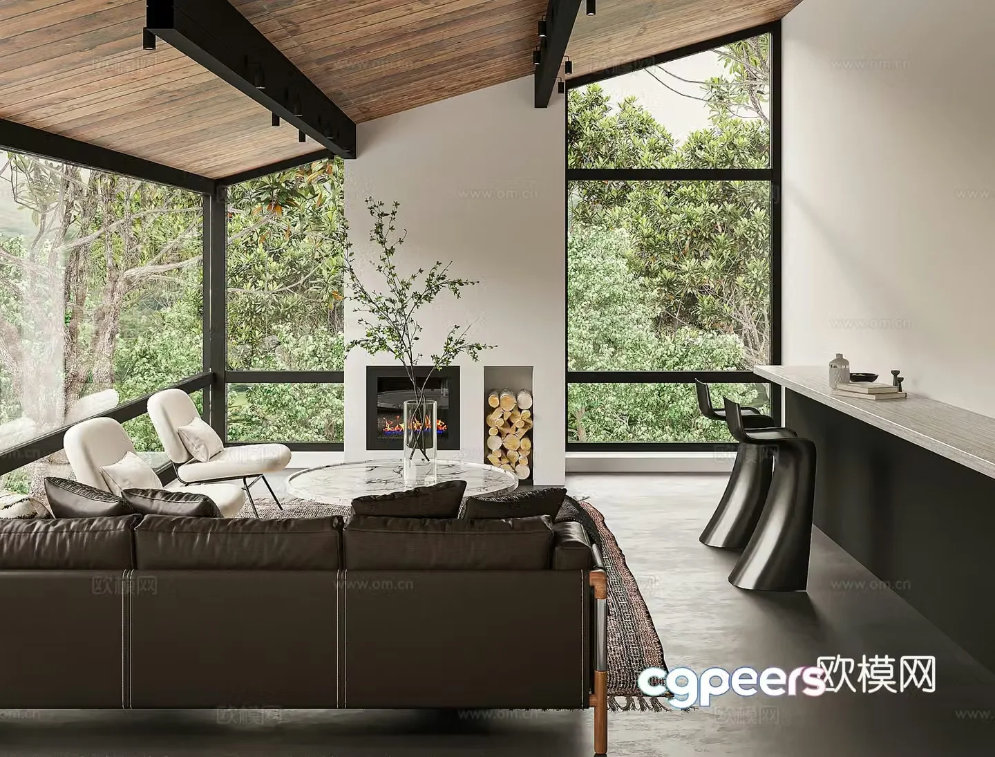 Industrial style living room Hollywood Hills Vacation Villa Beverly Hills Vacation style Real fireplace 3d model