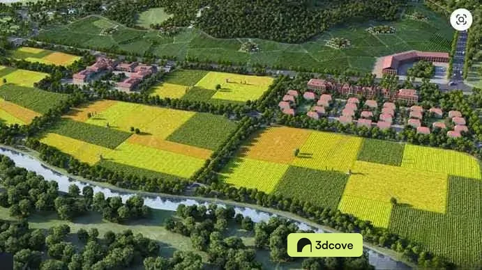 Aerial View Of A Farm With Fields And Buildings