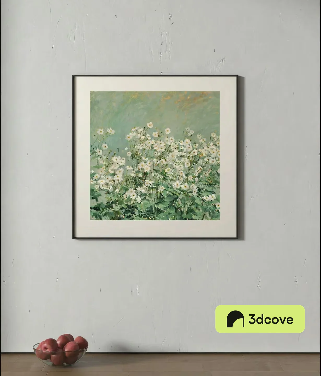 A Framed Painting Of White Flowers On A Light Grey Wall