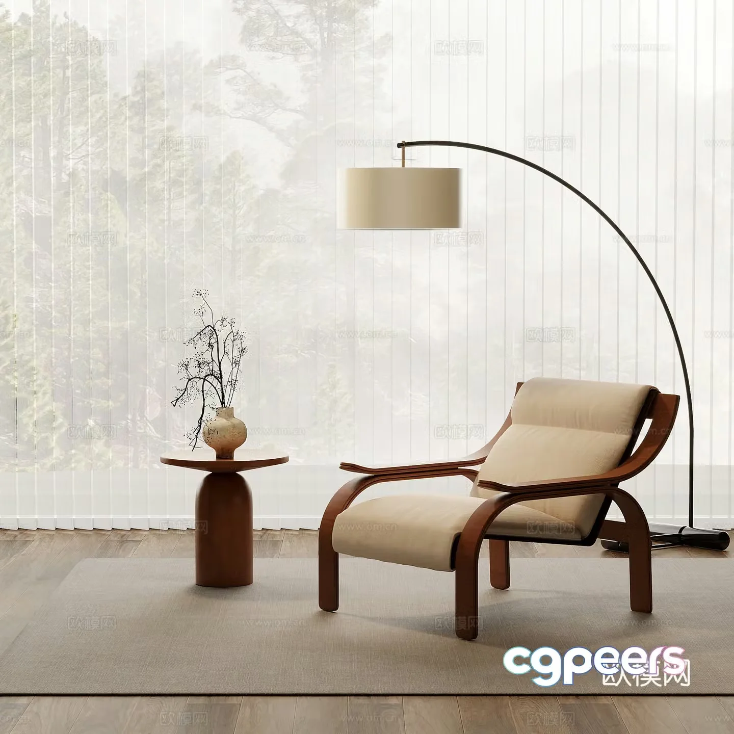 Recliner medieval style leisure chair side table floor lamp 3d model