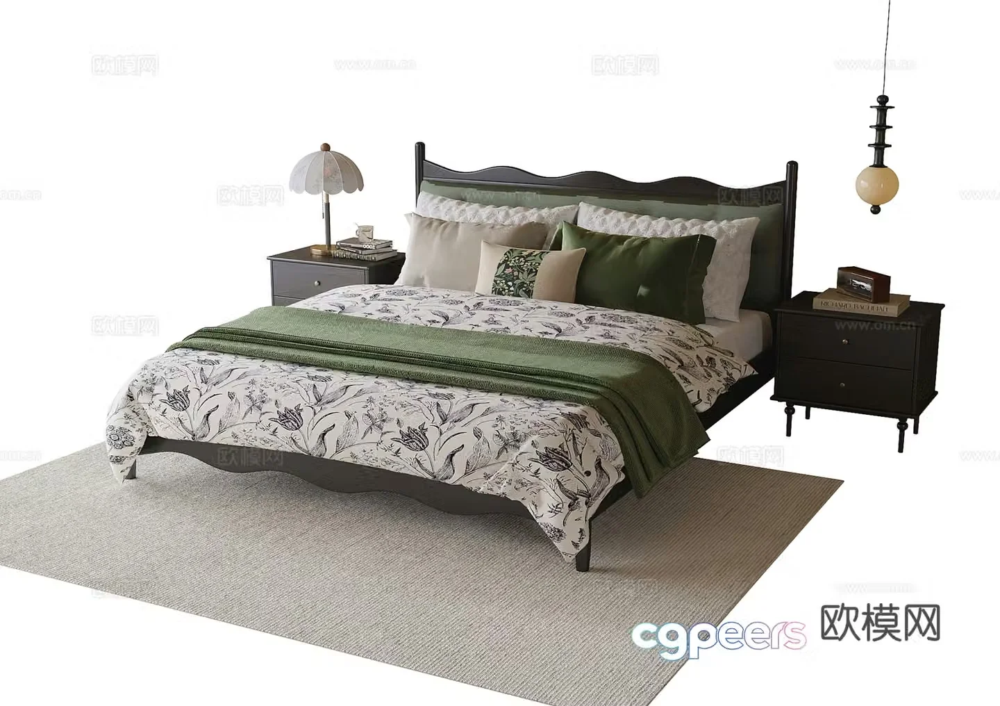French double bed nightstand 3d model