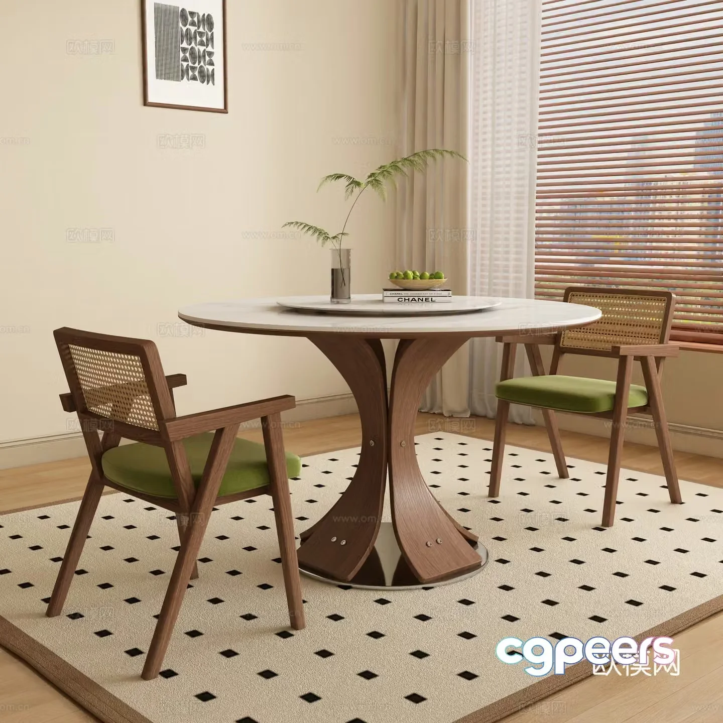 Medium style dining table and chairs round dining table 3D model