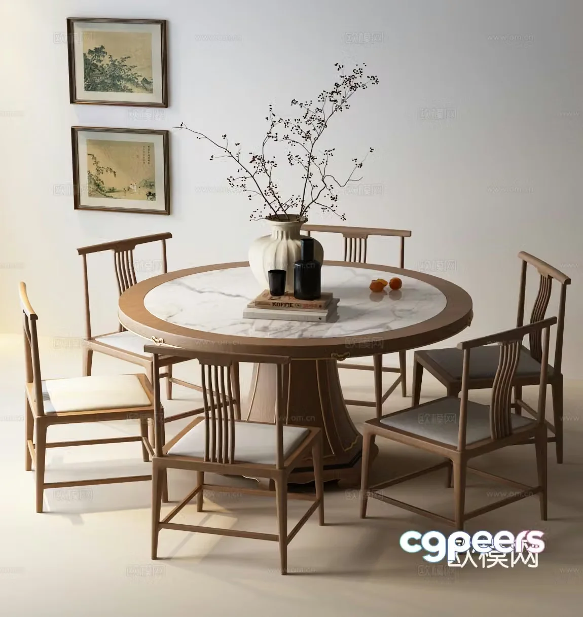 New Chinese dining table and chairs Song’s dining table and chair combination Decorative painting Dining table ornaments 3D model