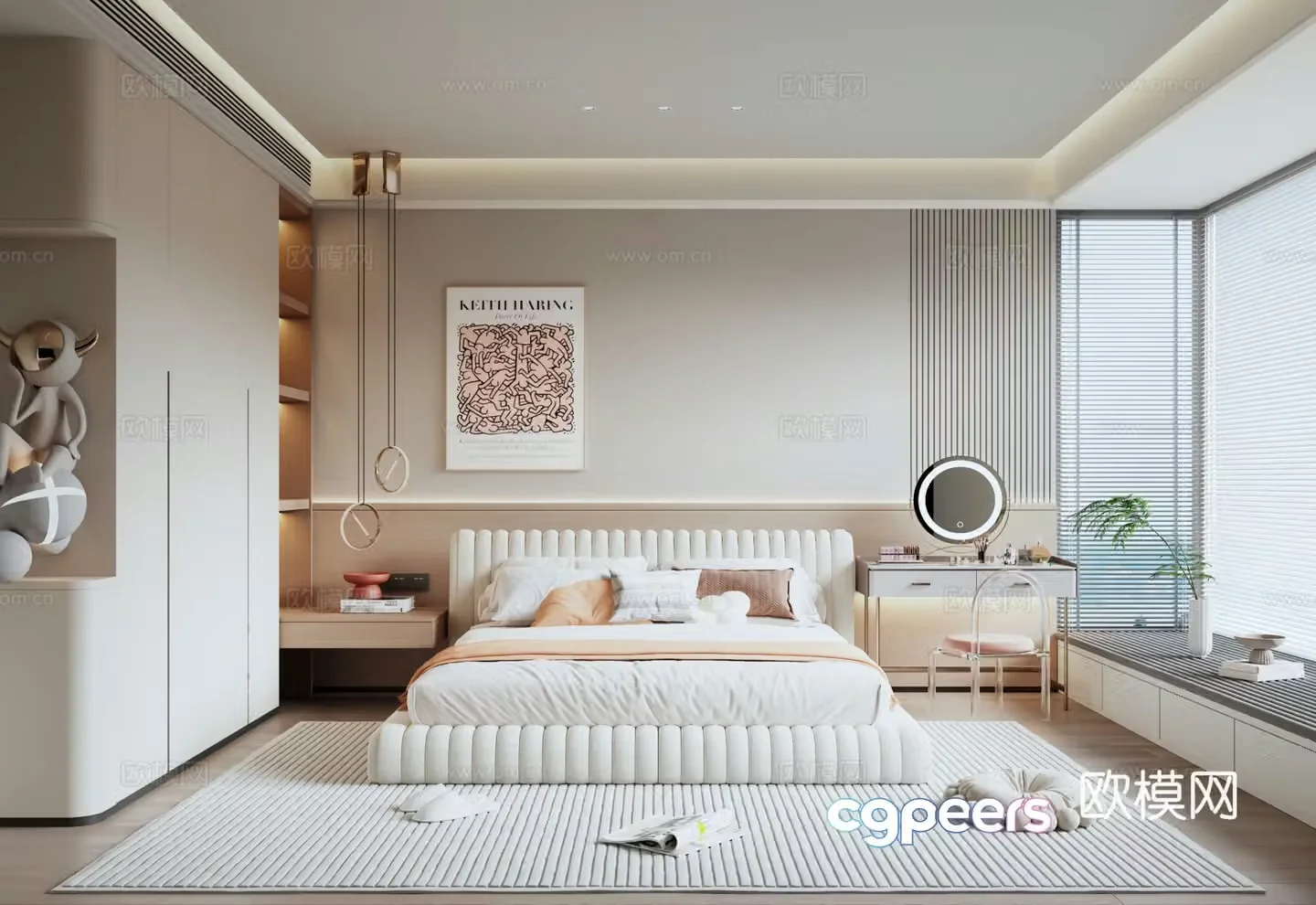Modern minimalist bedroom double bed wardrobe dressing table bay window bedroom 3d model