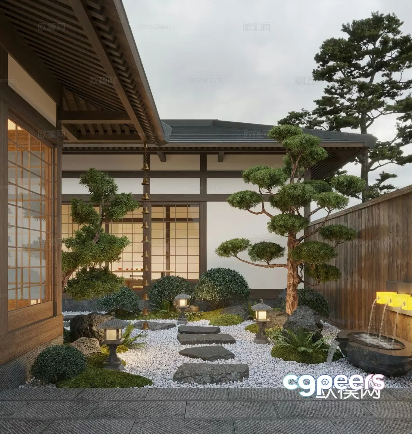 New Chinese style courtyard landscape Zen courtyard dry landscape landscape landscape stone moss 3d model