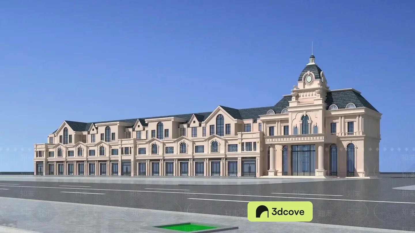 The Main Subject Is A Large Building Characterized By Its European-Style Architecture